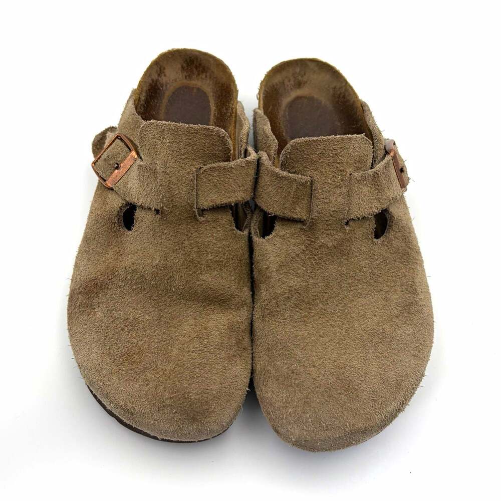 Birkenstock Suede Clogs Taupe Gray Cork Insole Adjustable Buckle Sandals No Size